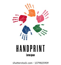 Colorful human palms. Children's handprint. Logo template. Symbol of team, friendship, united, support, family. Clean and modern vector illustration for design, web.