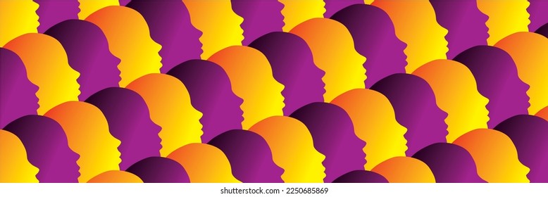 Perfiles humanos coloridos en filas. Dimensión 1:3. Ilustración vectorial.