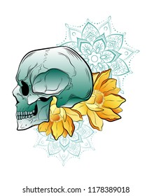 Colorful human skull with yellow flowers and ornament. Hand drawing, tattoo sketch, print