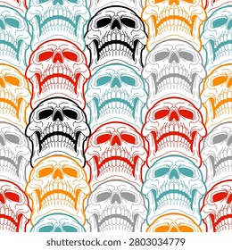 colorful human skulls on a white background. Trendy gothic ornament for textile prints, Halloween decor, or subculture fashion. Artistic vector illustration with a repeat tile design.