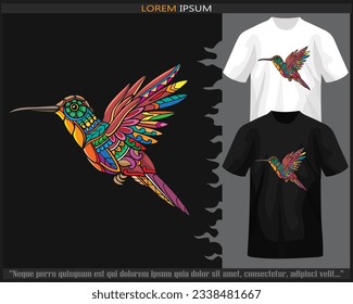 Colorful Humming bird mandala arts isolated on black and white t shirt.
