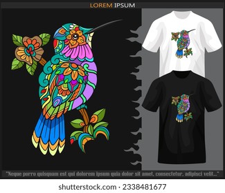 Colorful Humming bird mandala arts isolated on black and white t shirt.