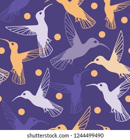 Colorful hummingbird and dot pattern in violet,orange and yellow. Lively spring seamless vector design with multicolor hummingbird silhouettes, perfect for textiles, invitations and fashion uses.