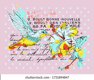 Colorful Hummingbird with hibiscus flower.Hand-drawn.Watercolor.Paint splashes.