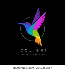 Logo de colibri colorido, símbolo de colibri, icono en forma de círculo sobre fondo negro.