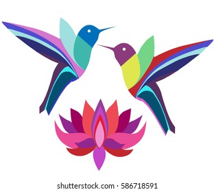 colorful Hummingbird and Lotus flower on white background