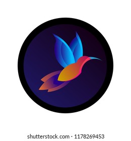 Colorful hummingbird sign. Simple bird Colibri logo. Drawing of animal fly. Vector illustration. Spa and resort emblem. Geometric Bird icon design. Minimalistic pictogram.