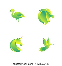 Colorful hummingbird sign. Simple bird Colibri logo. Drawing of animal fly. Colorful Flamingo Logo Template. Spa and resort emblem. Lion head. Geometric Unicorn pictogram.