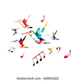 Colorful hummingbirds with music notes isolated vector illustration