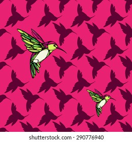 Colorful humming-birds. Pink background. Abstract vector pattern.