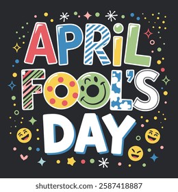 Colorful and humorous April Fool's Day vector design with joke props, clown faces, laughing emojis, and prank-related graphics perfect for greeting cards, posters, and social media .