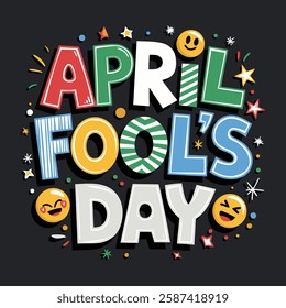 Colorful and humorous April Fool's Day vector design with joke props, clown faces, laughing emojis, and prank-related graphics perfect for greeting cards, posters, and social media .