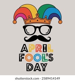 Colorful and humorous April Fool's Day vector design with joke props, clown faces, laughing emojis, and prank-related graphics perfect for greeting cards, posters, and social media.