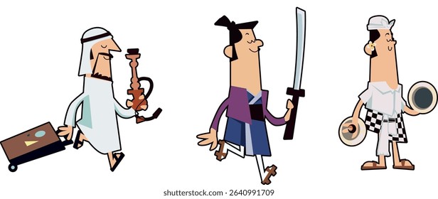 A colorful and humorous cartoon illustration featuring diverse characters in traditional clothing from different cultures: Japan (kimono), Dubai (kandura and abaya), and Bali, Indonesia (balinese cere