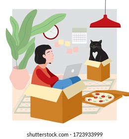 Colorful humorous illustration. Young woman works from home during the epidemic of the coronavirus. Cute cat in a box. Home animal. Self-isolation