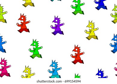 Colorful humorous symbolic running people, seamless vector texture pattern, horizontal, over white