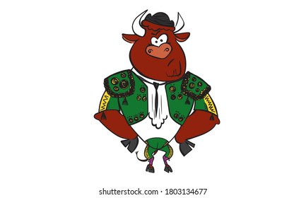 Colorful humorous vector illustration of bull dressed as a bullfighter.