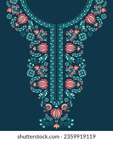 Colorful Hungarian folk art floral pattern in embroidery neckline design for kaftan dress. Fashion design for Indian kurta, kurti, blouse, and African clothing with vintage flower and foliage motifs.