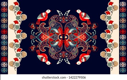Colorful hungarian vector design for rug, towel, carpet, textile, fabric, cover. Bright floral stylized decorative motifs. Rectangular ethnic floral design with ornamental center. Birds and flowers