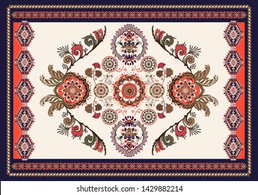 Colorful hungarian vector design for rug, towel, carpet, textile, fabric, cover. Bright floral stylized decorative motifs. Rectangular ethnic floral design with ornamental center. Vector template rug