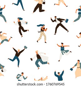 Colorful hurry man and woman seamless pattern. Running businessman, kid, teen, stylish female and office workers vector flat illustration. Hasten modern people in trendy clothes on white background