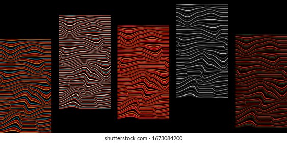 Colorful hypnotic abstract design booklet templates. Five vivid psychedelic vector illustration with wavy bright lines. Collection of vertical backgrounds with copy space
