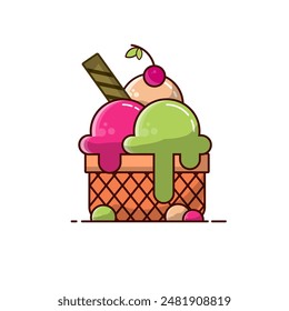 Colorful ice cream balls in bowl outline cartoon illustration