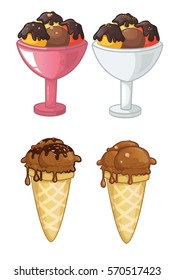colorful ice cream balls in the bowl and ice-cream cone with nuts and chocolate set of vector cartoon illustration