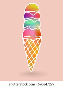 Colorful ice cream balls in cone with white contour and grunge texture isolated on white background. Vector illustration.