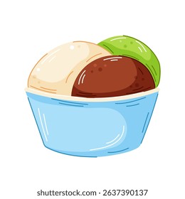 Colorful ice cream in blue bowl of with vanilla, chocolate and kiwi scoop in cartoon style. Perfect for cafe menu, packaging and sweet food design.