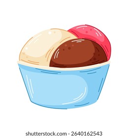 Colorful ice cream in blue bowl of with vanilla, chocolate and strawberry scoop in cartoon style. Perfect for cafe menu, package and sweet dessert design.