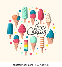 Colorful Ice cream border with lettering. Summer party template. Juicy background with cold yogurt, caramel dessert.