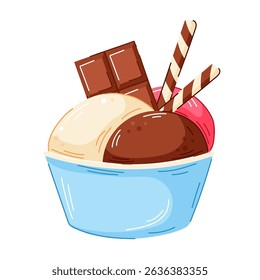 Colorful ice cream in bowl of with vanilla, chocolate and strawberry scoop topped with chocolate bar and wafer sticks in cartoon style. Perfect for dessert menu, packaging and sweet food design,