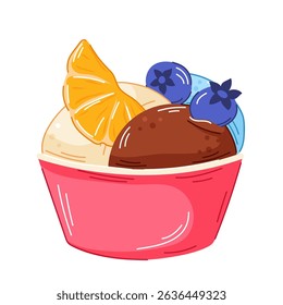 Colorful ice cream in bowl with vanilla, chocolate and blueberry scoop topped with orange fruit and berry in cartoon style. Perfect for cafe menu, logo and packaging food design.