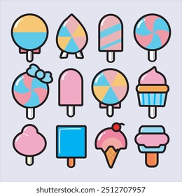 Colorful ice cream and candy icons in a cute, pastel palette. Perfect for dessert-themed designs, summer vibes, and fun projects. Great for stickers, patterns, or any playful and sweet branding.