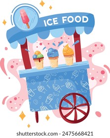 Colorful ice cream cart illustration isolated white background. Brightly decorated mobile ice food kiosk vibrant colors. Handdrawn style cream stand graphic various frozen treats displayed