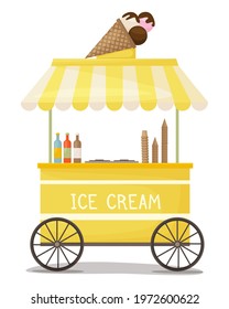 Colorful ice cream cart vector. Street kiosk, icecream vending booth isolated cartoon object on white background. Stand selling delicious summer dessert sale