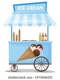 Colorful ice cream cart vector. Street kiosk, icecream vending booth isolated cartoon object on white background. Stand selling delicious summer dessert sale