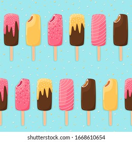 Colorful ice cream collection and sprinkle on blue background. Vector illustration. Bright seamless pattern for shop advertising, decoration, packaging, flyer, banner, print. 