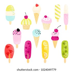 Coleção de sorvetes coloridos. Ilustração vetorial de diferentes sorvetes isolados.
