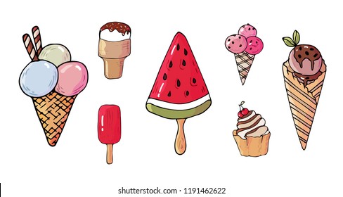 Colorful ice cream cone 6 elements set. Summer comfort fast food vector illustration for gift card, flyer, certificate or banner, icon, logo, patch, sticker.Hand drawing.