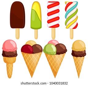 Colorful ice cream cone 8 elements set. Summer comfort fast food vector illustration for gift card, flyer, certificate or banner, icon, logo, patch, sticker