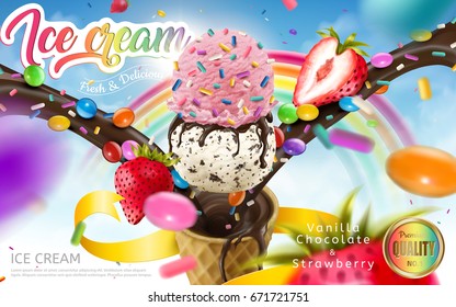 Colorful ice cream cone ads, rainbow jimmies, chocolate and strawberry toppings floating in the blue sky, 3d illustration for summer