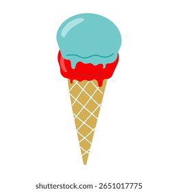 Colorful ice cream cone with blue and red scoops dripping on sunny day