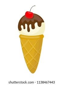 Colorful  ice cream in cone with chocolate and cherry vector illustration isolated on white background.