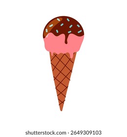 Colorful ice cream cone with chocolate and strawberry flavors, perfect summer treat enjoyed by many at parks and beaches