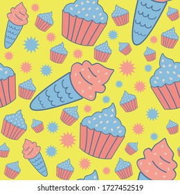 Colorful ice cream cone and cupcake seamless pattern on neon green background with stars. Food repeat fabric for wallpaper, wrapping and textile.