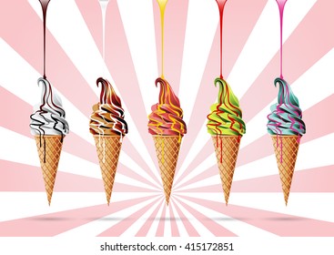 Colorful Ice cream in the cone, Different syrup, chocolate, Vector