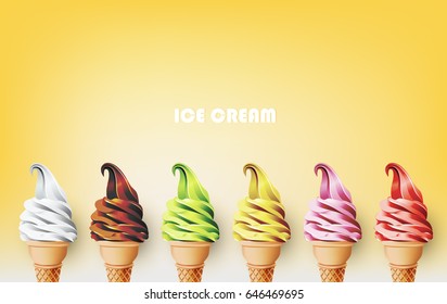 Colorful Ice cream in the cone, Different fruit flavors, Vector illustration