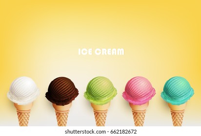 Colorful Ice cream in the cone, Different fruit flavors, Vector illustration